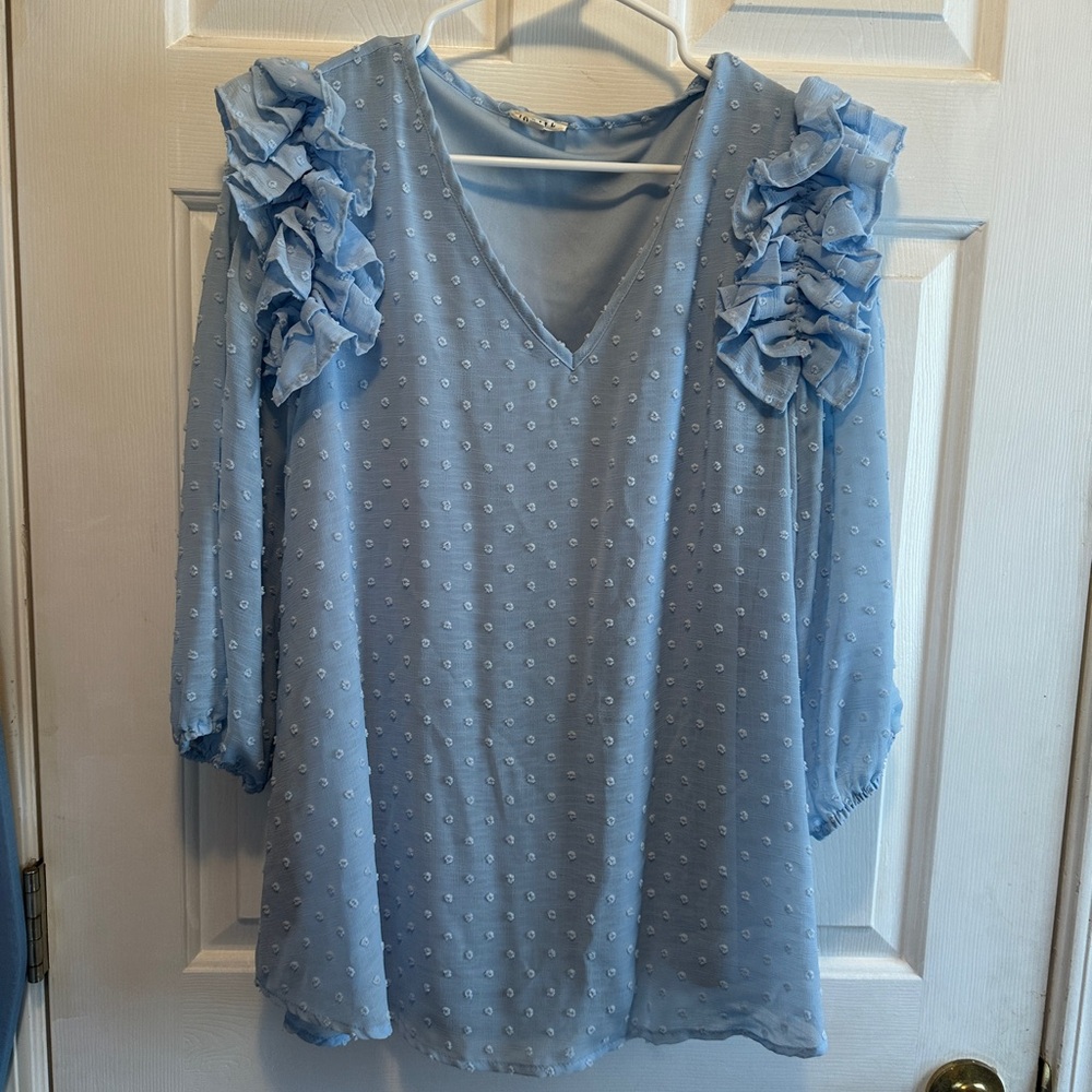 JODIFL Light Blue Textured Blouse with Ruffle Sleeves